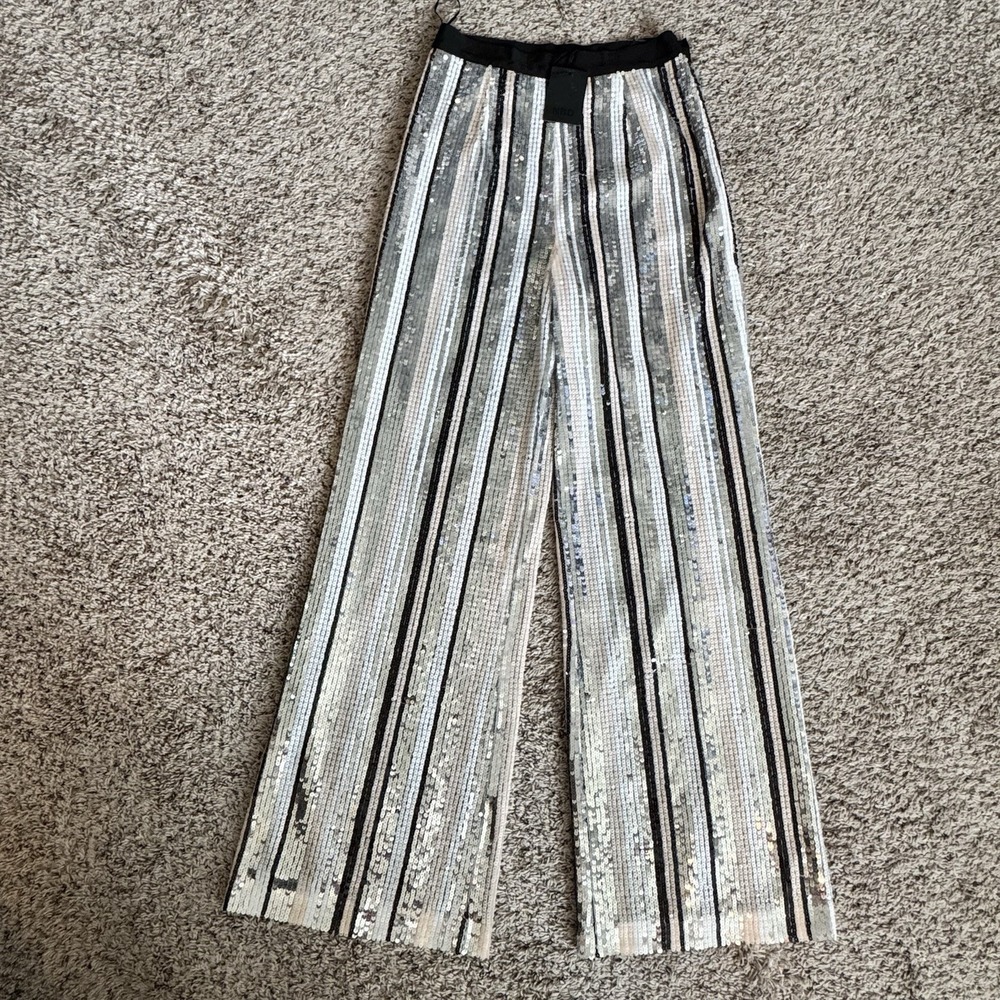 NBD Revolve Saturday Love Sequin Pants M Black Silver Wide Leg NWT Party